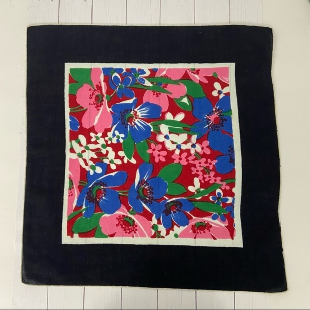 Vintage Blue White Pink Floral Green Leaves Handkerchief Hanky Cottage Cotton - Picture 4 of 9